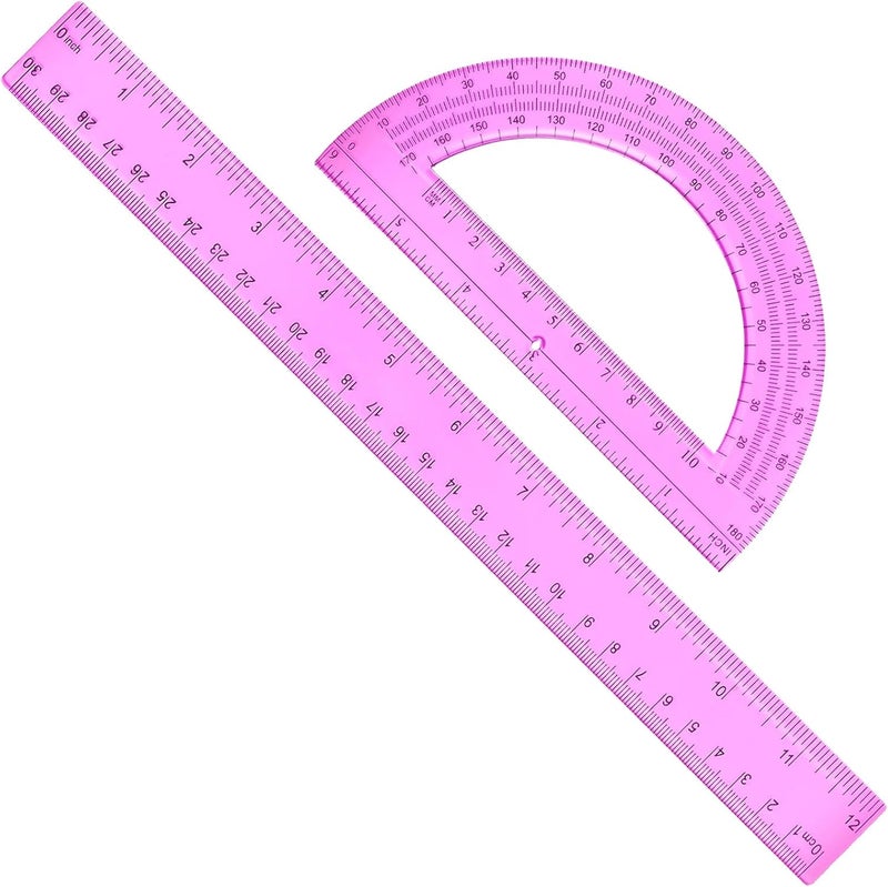 Tdfronien 2 Packs 12 Inch Plastic Ruler and 6 Inch Plastic Protractor Set Clear Math Geometry Set Classroom Set Angle Detector School Supplies Classroom Ruler Home Office Drawings (Pink) - Image 1
